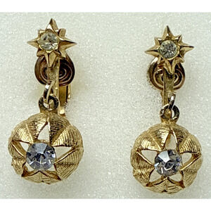 Vintage Atomic Starburst Star Clip On Dangle Earrings Rhinestone
